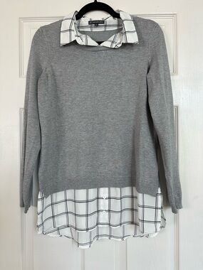 Adrianna Papell Gray Sweater with Black & White Plaid Trim
